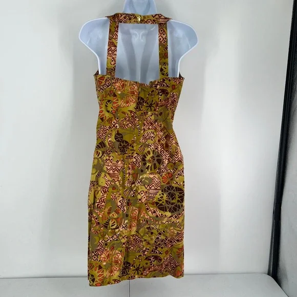 Vintage Abstract Tribal Print Sheath Dress Size 4 Olive Brown Ring Neck Boho - Picture 2 of 12